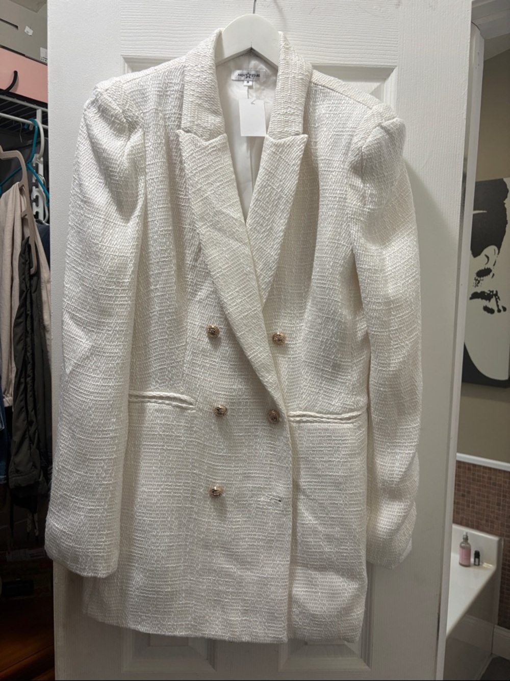 Classic Double-Breasted White Tweed Blazer Jacket